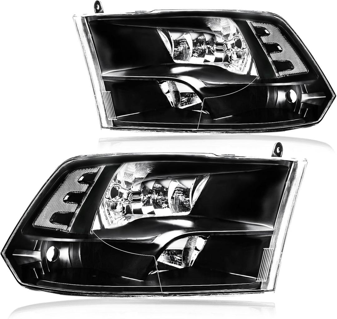 Headlight Assembly, Compatible with 2009-2018 Dodge Ram 1500/2010-2018 Ram 2500 3500 4500 5500(Only fit factory quad beam halogen headlights) Black Housing Clear Reflector
