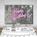 7x5 FT Happy Birthday Backdrop Girls Women Party Pink and Silver Birthday Decorations Pink Happy Banner Shining Shimmer Wall Background Photo Studio Props (Not Real Glitter)