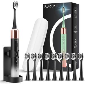 Electric Toothbrush for Adults and Kids, Comes with 10 Brush Heads & Travel Case, 5 Modes with 2 Minutes Built in Smart Timer, One Charge for 90 Days, 42,000 VPM Motor (Black-white)
