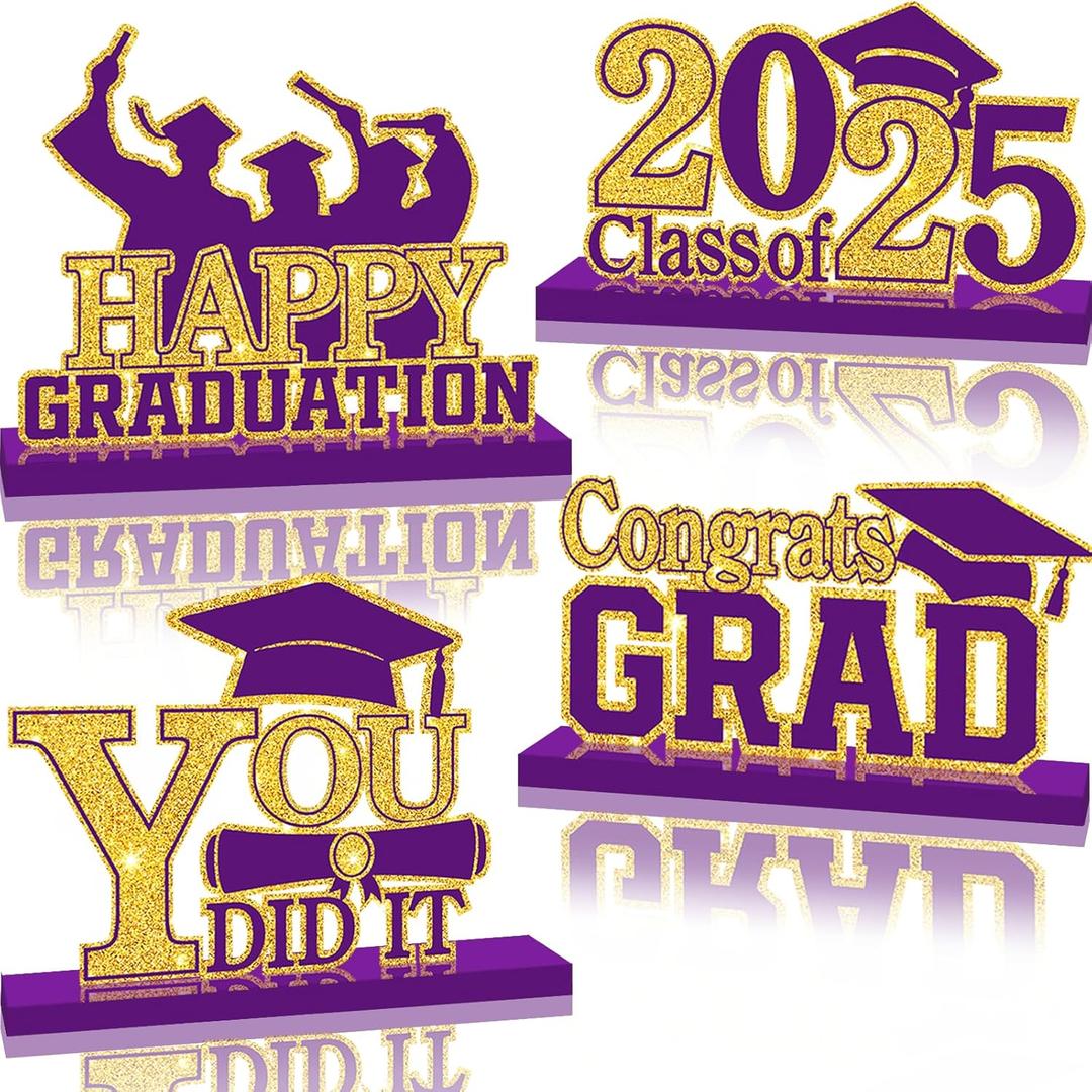 4Pcs Graduation Decorations Class of 2025 Wood Table Centerpieces Congrats Grad Wooden Sign Graduation Table Toppers Congratulate Tiered Tray Decor for 2025 Graduation Party (Purple-Gold)