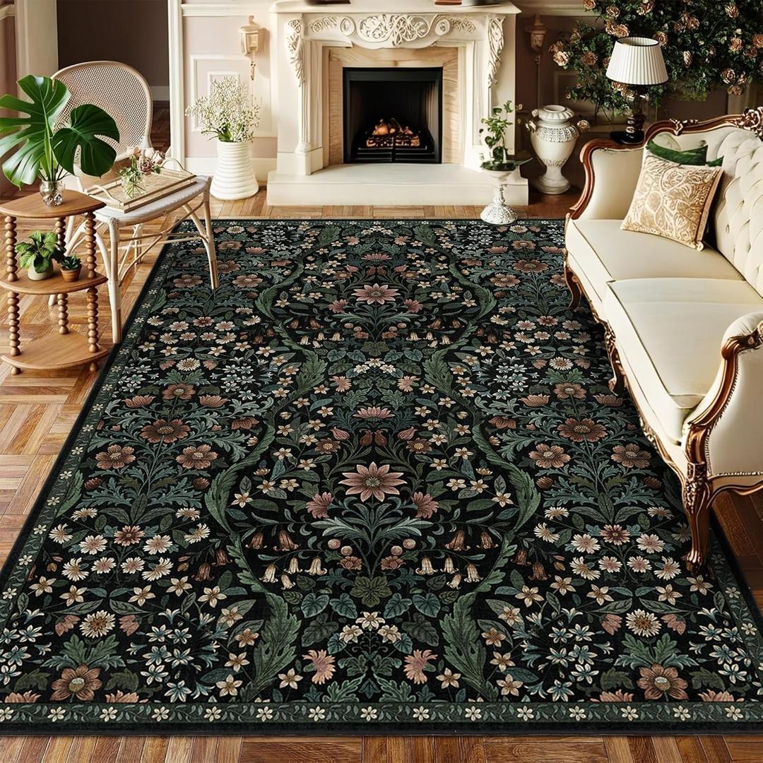 57 Black Washable Floral Area Rug,Vintage Boho Soft Low-Pile Living Room Rugs, Stain Resistant Botanical Non-Slip Carpet for Bedroom,Dining Room, Kids Nursery,Home Decor