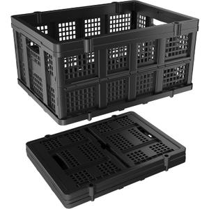 Collapsible Storage Crates | Stackable Storage Baskets | Plastic Folding Crates with Handles | Foldable Crate Suitable for Shopping Cart, Groceries, Warehouse,Supermarket, Black