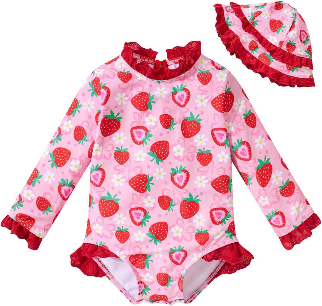 Baby Girl UPF 50+ Swimsuit Long-Sleeve Quick-Dry Bathing Suit | Rash Guard with Hat One Piece Swimwear for 3-24M
