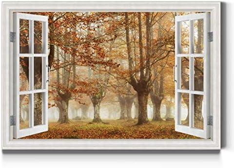 Renditions Gallery Canvas Nature Wall Art Home Paintings & Prints Autumn Misty Forest Romantic Modern Window View Canvas Wall Hanging Decorations for Bedroom Office Kitchen 48x32