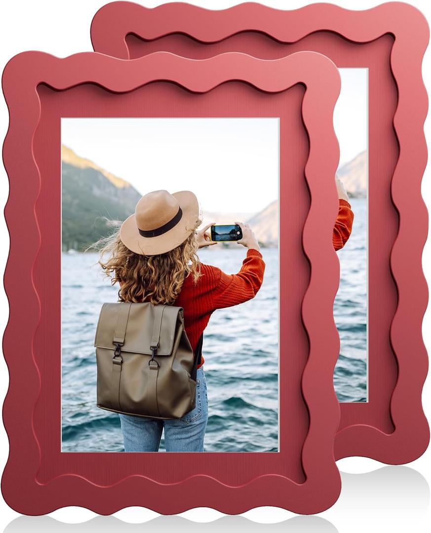 5x7 Wavy Picture Frame With Mat For 4x6, Wavy Edge Wooden Picture Frame with Real Glass - Wall Mount and Tabletop Display, Red, 2 Pack