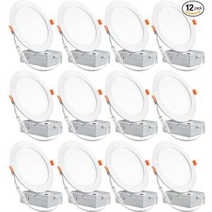 12 Pack 6 Inch Ultra-Thin LED Recessed Ceiling Light with Junction Box, 6000K Can Lights, 12W 110W Eqv, recessed Lighting 6 inch led Lights, 1050LM High Brightness LED Lights