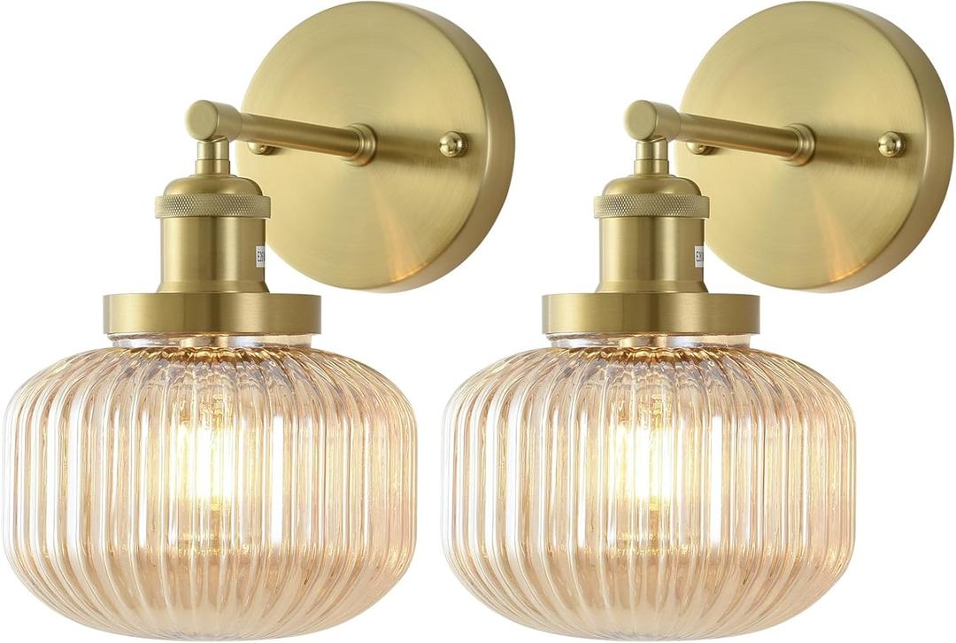 Vintage Wall Sconces with Amber Pumpkin Glass Lampshade, Indoor Bathroom Wall Sconce, Modern Gold Industrial Lighting Fixture for Mirror Living Room Hallway 2 Pack