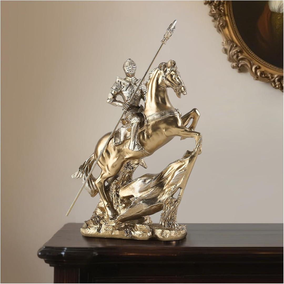 Knight Statue - Templar Medieval Knight Figure with Spear on Charging Horse, Vintage Armor Viking Warrior Decor, 11.4"