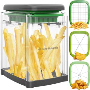 Prep Naturals 3-in-1 Manual French Fry Cutter - Interchangeable Blades for Potato Cutter & Fry Slicer - Functions as Potato Dicer & Food Dicer - Includes Safety Glove - Medium, Gray