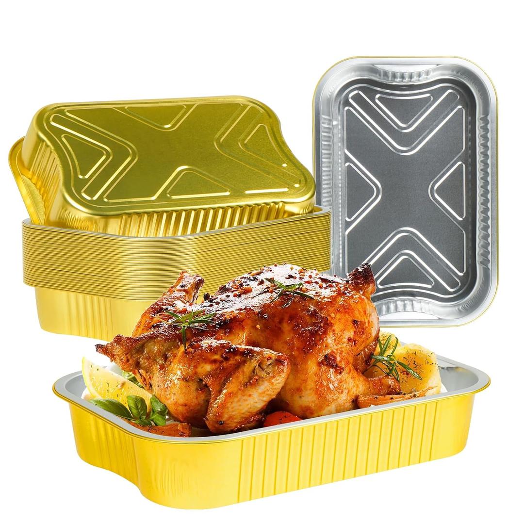 60 Pack 9x13 Aluminum Foil Pans Half Size Extra Heavy Duty, Gold Aluminum Foil Baking Pan Double Thick Tin Foil Food Container for Baking, Roasting, Cooking, Heating or Steam Table (13"9"2.4" (60 Pack - w/ No Lids))