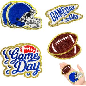 Jongdari 8pcs Football Game Day Helmet Patches Chenille Sports Iron On Patches Bulk for Hats Backpacks Clothes, Gameday Rugby Patch for Heat Press with Gold Edges (Blue, 8pcs)