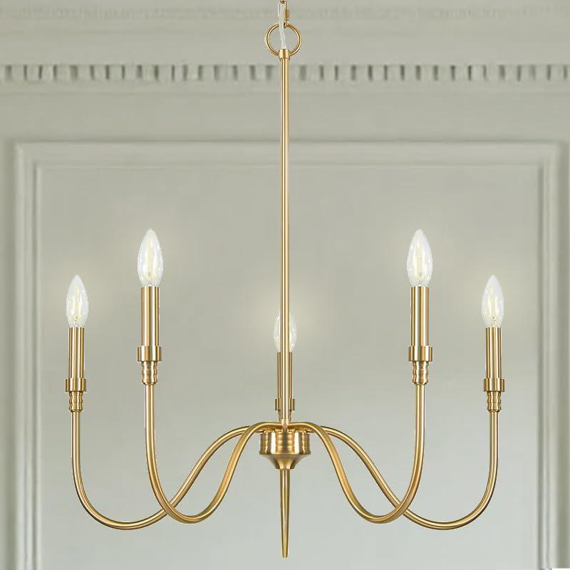 5 Light Farmhouse Brass Chandelier Light Fixture, Modern Pendant Lighting for Kitchen, Dining & Living Room, Brushed Gold Finished