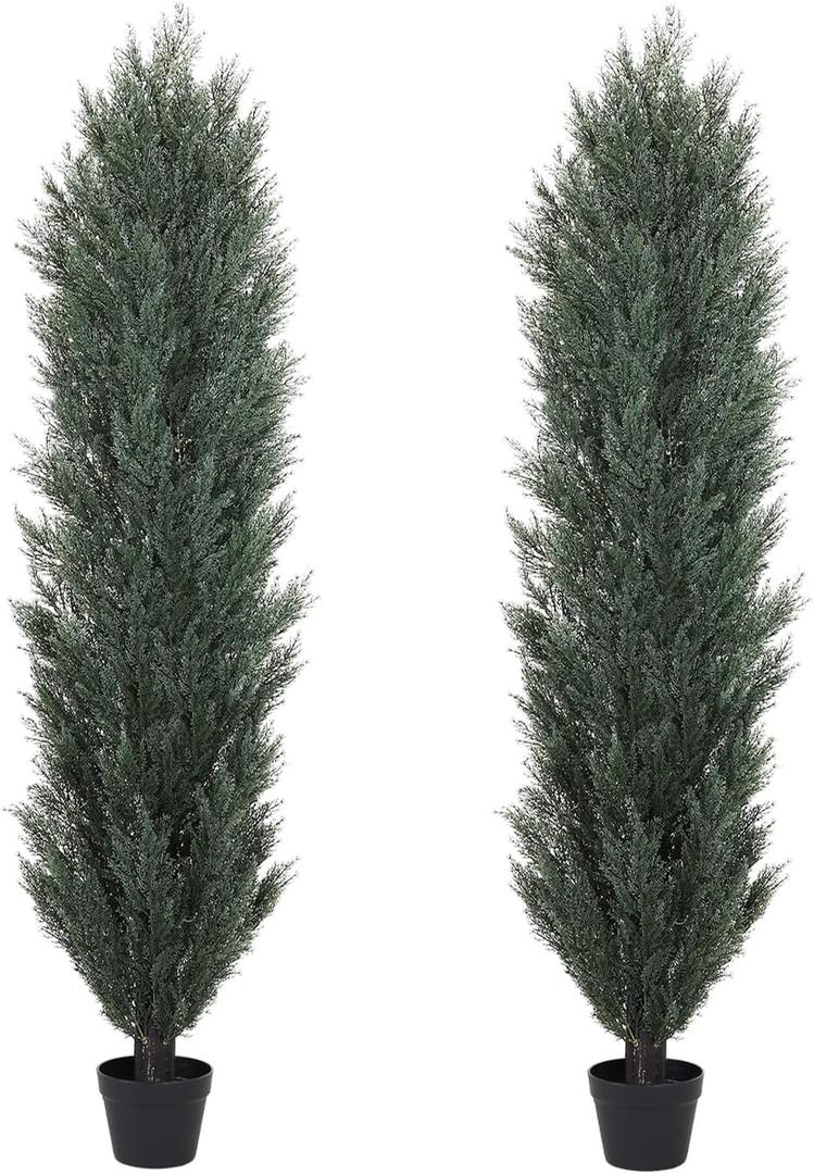 THE BLOOM TIMES 6ft Topiary Trees Artificial Outdoor  UV Resistant Faux Cedar Pine Cypress Bushes and Shrubs, Fake Potted Plants for Front Porch Outside Planter Patio Decor, Set of 2 (6 Foot) (Dark Green)