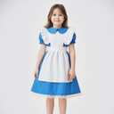 Princess Dress Wonderland Costume for Girls Halloween Dress Up Outfits with Wig (140(7-8T), Blue)