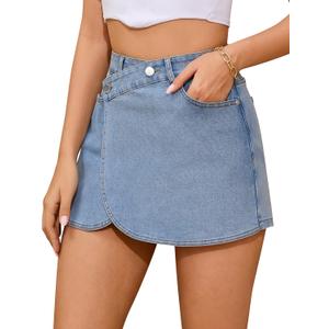 POTILI Denim Skort for Women High Waisted Denim Skirt Stretchy Mini Tulip Hem Trendy Jean Skort Skirt (XL)