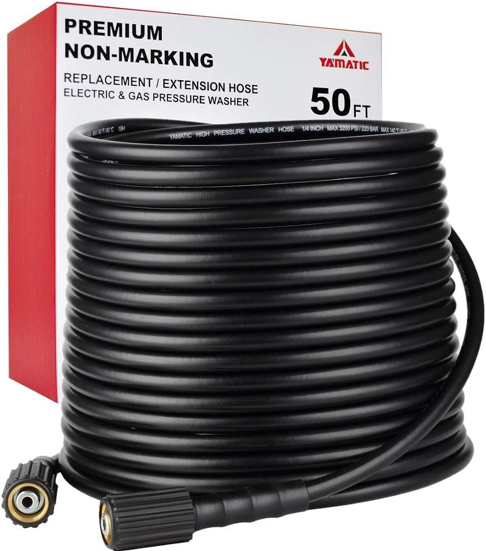 YAMATIC Pressure Washer Hose 50FT 1/4" ID, Standard (2) M22 Brass Fittings, 3200 PSI Kink-Resistant Replacement for Ryobi, Troy Bilt, Greenworks, CRAFTSMAN M22 Threads Power Washers