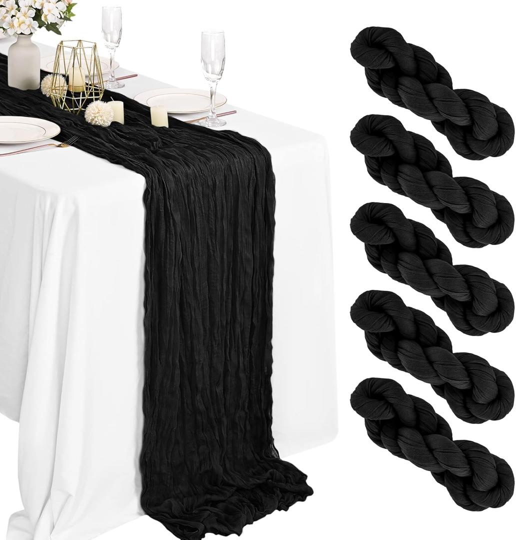 5 Packs Black Cheesecloth Table Runner, 10Ft x 35" Rustic Gauze Boho Wedding Table Runner Decoration, Wedding Table Decor Table Cloth for Wedding Party Bridal Shower Table