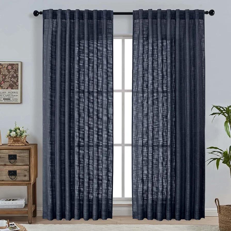 OWENIE Navy Blue Faux Linen Curtains for Bedroom Living Room 84 Inches Long 2 Panels Set, Farmhouse Thick Faux Linen Textured Light Filtering Curtains Drapes with Back Tab Top, Each 52" W x 84" L