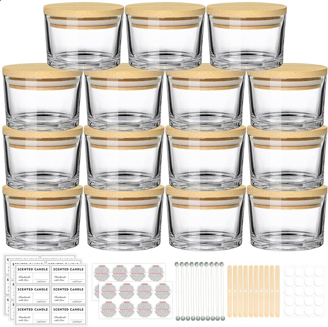SUPMIND 14 Pack 4oz Clear Candle Jars, Small Wide Mouth Glass Empty Jars with Bamboo Lids for Making Candle, Bulk Container