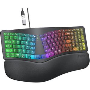 MEETION Ergonomic Keyboard Wired, 7 Colors Transparent Backlit, 4 Brightness, 1 RGB Breathing Backlit, Comfortable Wrist Rest Cushion, USB-A/USB-C Adapter Ergo Keyboard for Windows Mac Computer Laptop