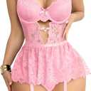 Sexy Stocking Underwire Push Up Rhinestones Heart Floral Lace Mesh Sheer Garter Bodysuit Skirt Lingerie Set 3 Piece (Medium, Pink)
