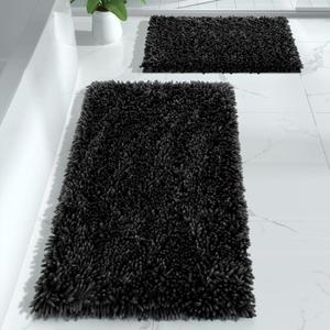 Yimobra Bathroom Rugs Sets 2 Piece, Luxury Shaggy Extra Thick Bathroom Rugs, Plush Non-Slip Mats for Bath Room Floor, Machine Wash, Ultra Absorbent, 31.5 x 19.8 + 24 x 17 Inches, Black