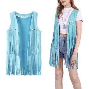 PARTTELY Women Fringe Vest 70s Hippie Costume Faux Suede Rivets Tassel Sleeveless Cowgirl Western Costume Jacket Outerwear (Blue, XXL)