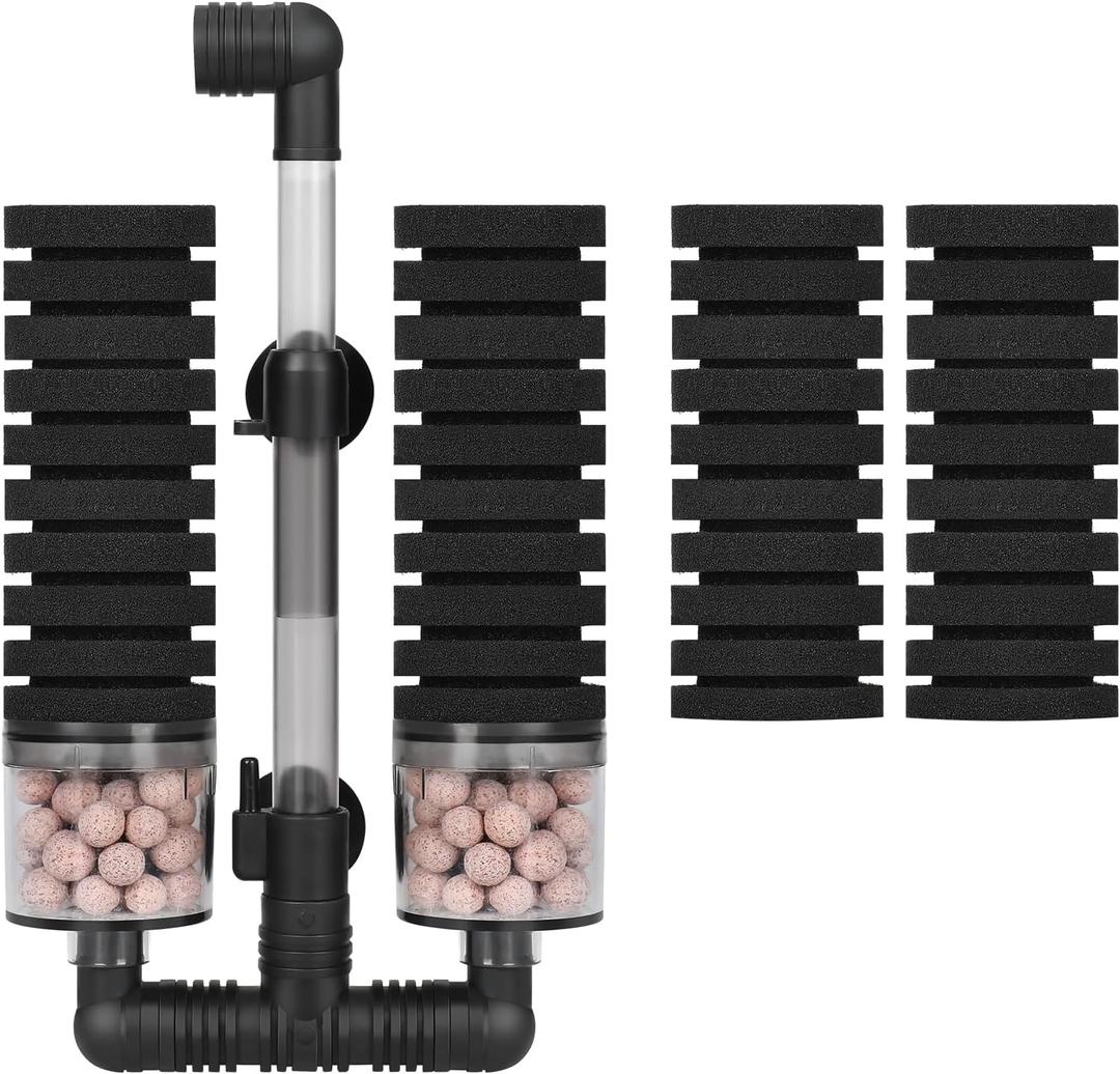 AQUANEAT Aquarium Air Powered Sponge Filter with Ceramic Media Balls, for Betta Fry Shrimp Fish Tank, with 2 Spare Sponges, up to 40Gal (Middle)