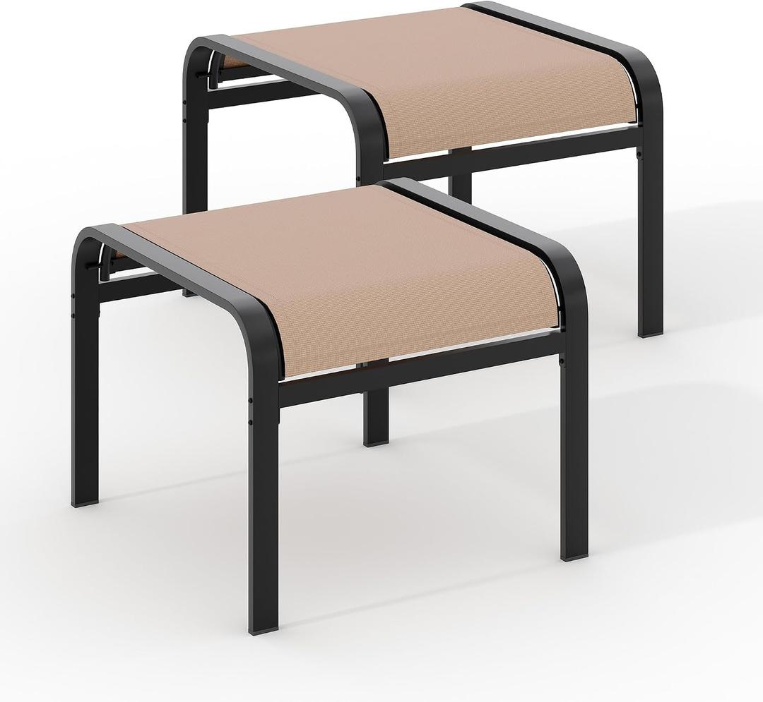 Outdoor Ottoman Set of 2, Outdoor Foot Stool with Textliene Fabric, Metal Frame, Stackable Oversized Foot Rest for Patio Garden Pool, Khaki, 22.8"D x 22.1"W x 17.1"H
