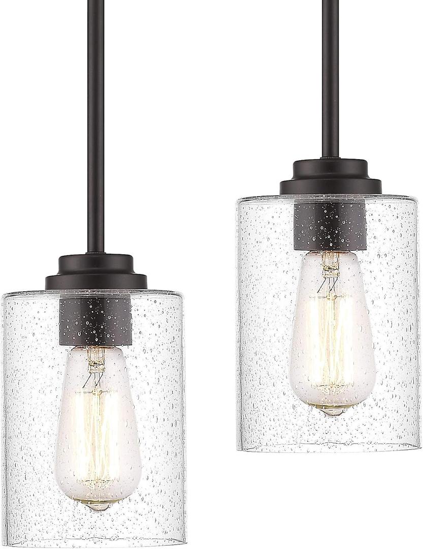 Beionxii Glass Pendant Light | Farmhouse Mini Pendant Lighting for Kitchen Island Dining Room Over The Sink, Oil Rubbed Bronze with Bubble Glass - BXD9002-1H-2P