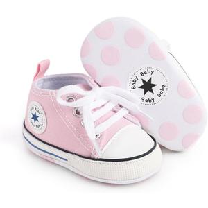 Unisex Baby Boys Girls Shoes, Newborn Infant Non-Slip Canvas Denim High Top Sneakers, Toddler First Walkers Shoes (6-12 Months Infant, 01/Light Pink)