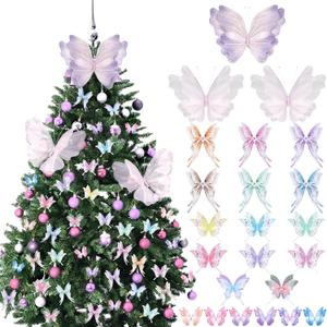 49 Pcs Christmas Tree Butterfly Ornaments Decoration 3D Pink Purple Jumbo Butterfly Tree Topper Girly Fairy Butterflies Hanging Ornaments for Xmas Wreath Garland Home Holiday Party Decor