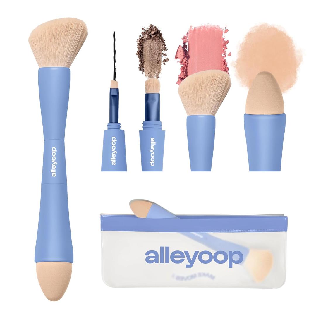 Makeup Brush Set Alleyoop Multi-Tasker 4-in-1 Travel Make Up Brush Set + Blending Sponge Refill Pack Compact Makeup Brushes for Foundation, Blush, Bronzer, Contour, Eyeshadow, Brows & Liner