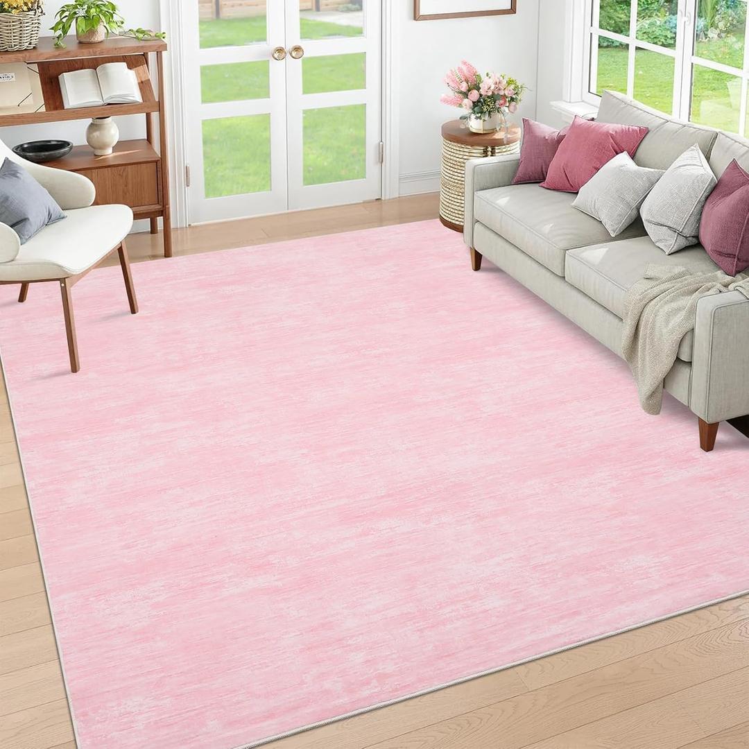Living Room Area Rug 9x12 Machine Washable Rug Non-Slip Stain Resistant Modern Abstract Bedroom Rug Contemporary Throw Floor Carpet for Dining Room Solid Area Rug for Home Office, Pink