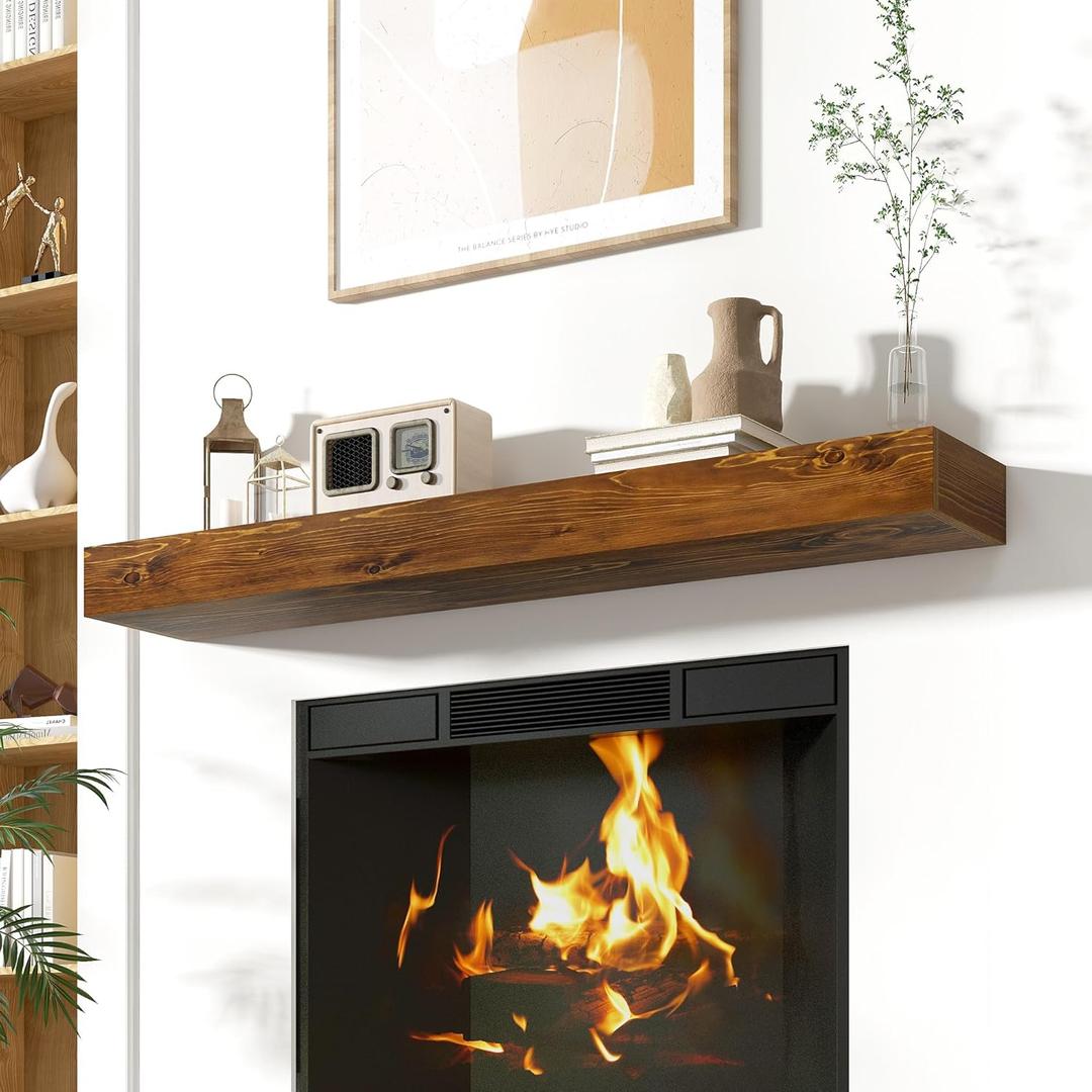 Floating Fireplace Mantel Shelves, 60x8x3 Inches Natural Wooden Floating Shelf for Over Fireplace, Wall-Mounted Mantel Shelf for Living Room and Home Decor, Rustic Traditional