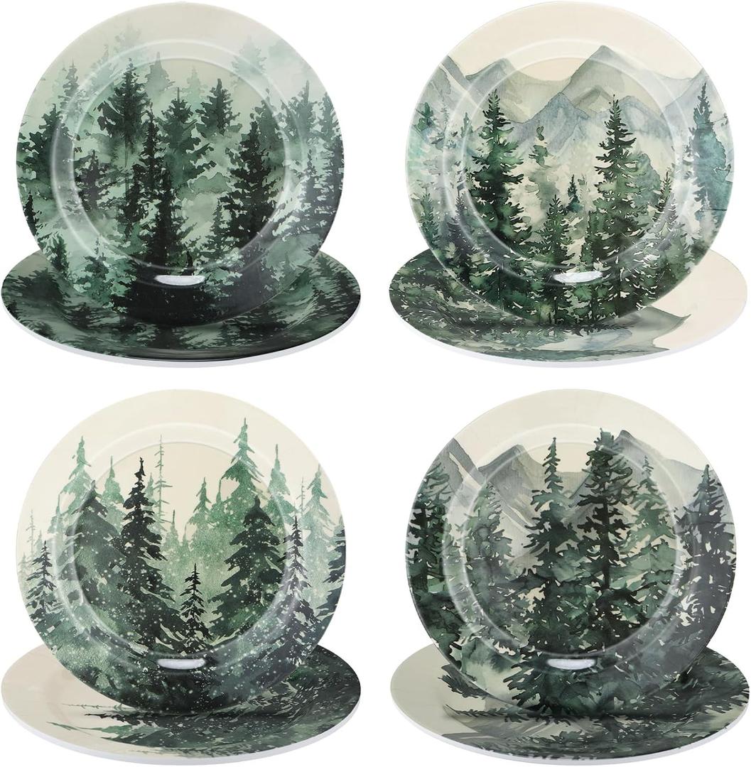 8 Pcs Christmas Melamine Salad Plates Winter Melamine Dessert Plates Assorted Designs Christmas Dishes Dinnerware Set for Xmas Birthday Party Gift Appetizer(8 Inch, Green Tree)
