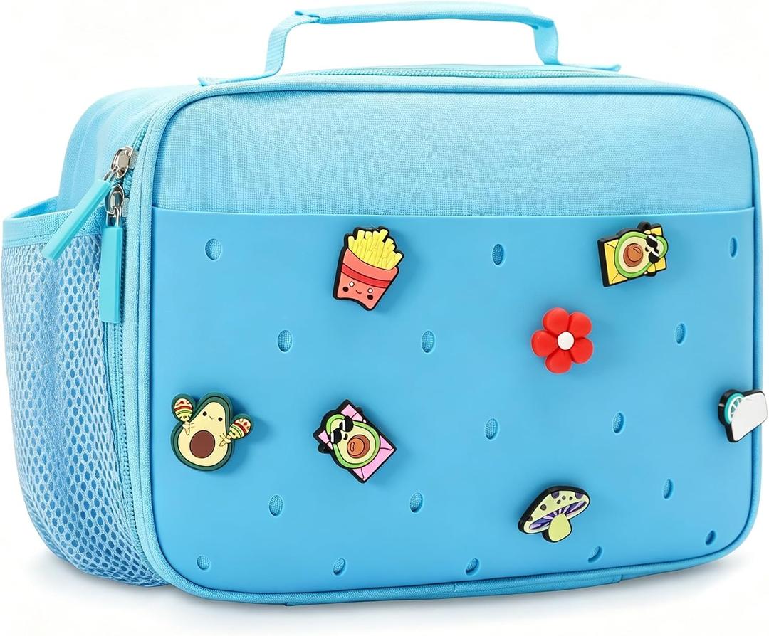 Kids Insulated Lunch Bag with 10 Charms Customizable Lunch Box Reusable Lunch Tote for Boys Girls School Picnic Travel (Blue)