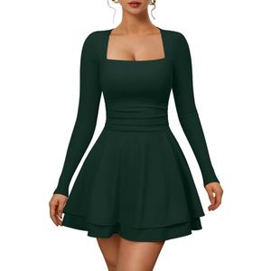 XXTAXN Womens Sexy Long Sleeve Square Neck Flowy Hem Ruched High Waist Party Mini Dress with Side Pocket, Dark Green, X Large