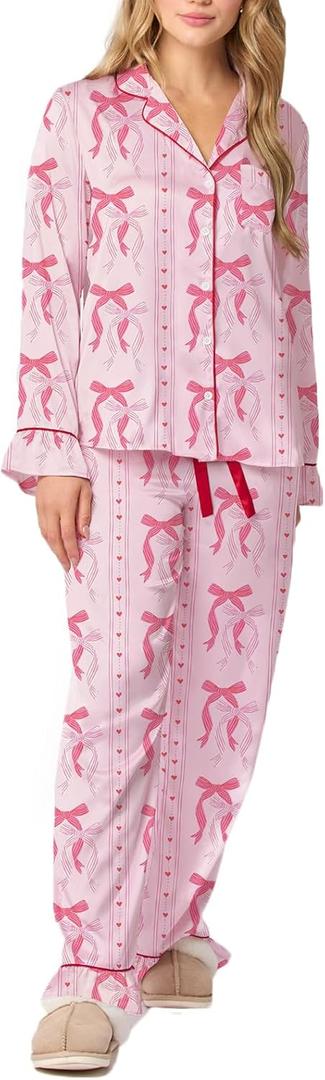 Piacakece Women 2 Piece Satin Pajama Set Cute Bow Print Long Sleeve Shirt Loose Shorts Matching Set Loungewear (Large, Heart)