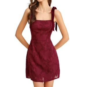 RIHOAS Wine Red Floral Tie Strap Mini Dress for Women,Sleeveless A-line Mini Party Club Dress Cocktail Homecoming Prom Short Dress XS