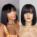 Bob Wig With Bangs Human Hair 180% Density Glueless Short Bob Wigs For Women Upgraded Machine Made Middle Part 3x1 Lace Wig (12inch, Bob With Bangs)