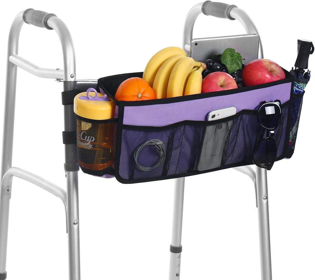 CTWWFS Upgrade Walker Basket with Cup Holder, Foldable Walker Storage Bag for seniors with Big Capacity & Never Tipping Over, Best Gift for Family (Purple)