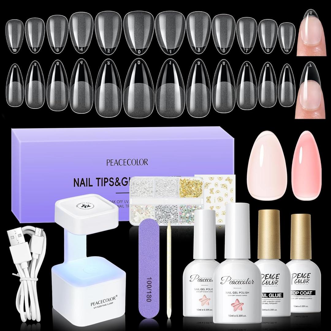 PEACECOLOR Gel Nail Kit, 240Pcs Short Medium Almond Nail Tips with U V Light 2PC Jelly Gel Polish Nail Glue Top Coat Stickers Rhinestones Easy Extension Set DIY Salon Gifts for Women
