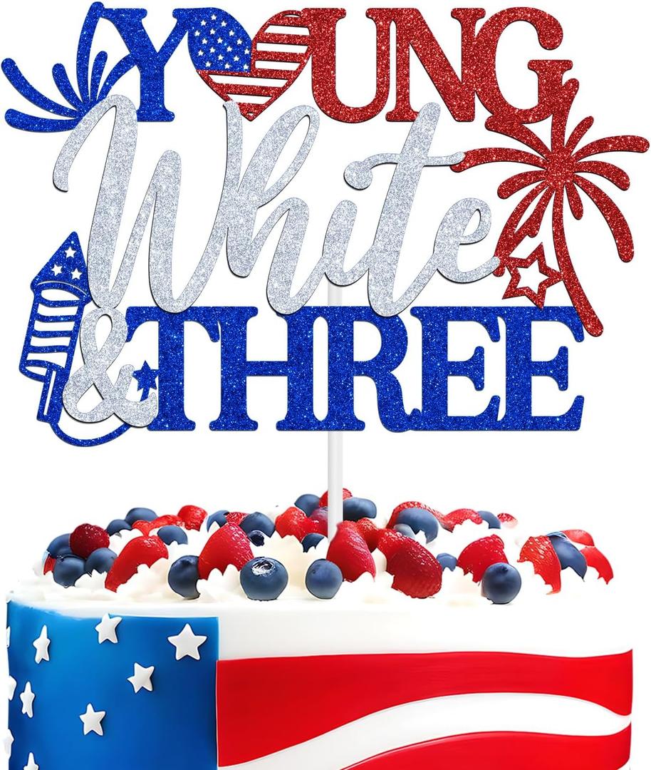 Young White & Three Cake Topper, 4th of July Theme 3 Years Old Cake Decor, Patriotic Independence Day/Memorial Day 3rd Birthday Anniversary Party Decorations Supplies
