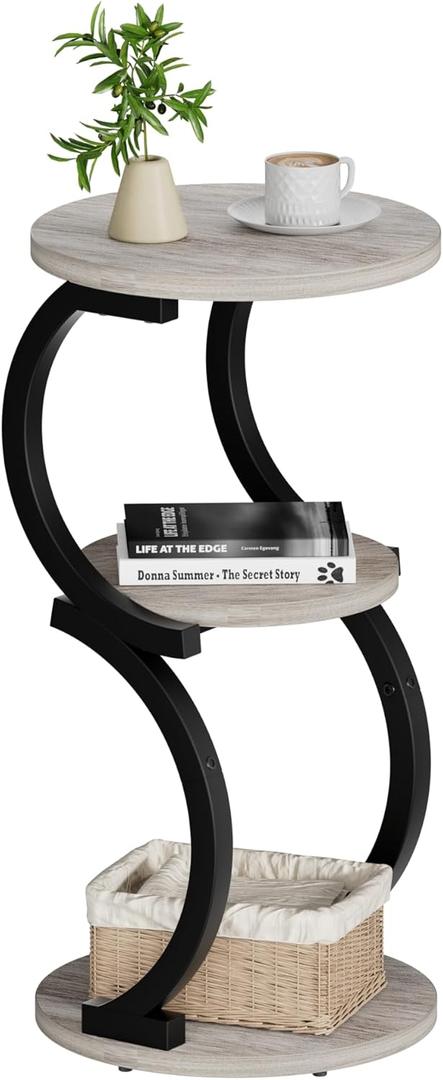 JUSTOGO Small Round Side Table, 3-Tier End Table for Living Room, Vintage Nightstand for Small Spaces Sofa Couch Corner Bedside Bedroom, S-Shaped Wood Accent Table Metal Coffee Table, Greige