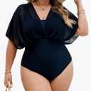 Jolefille Plus Size One Piece Swimsuit for Women Modest Tummy Control Bathing Suit Mesh Sleeve Flattering Slimming Swim Suits XXL
