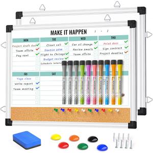 Weekly Calendar Whiteboard and Cork Board Combo for Wall, 17"x13" Reversible Hanging Dry Erase Board, Double Sided White Board with Aluminum Frame for Planning, Office, Kitchen, School, Home