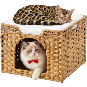 Rattan Cat House for Indoor Cats, Large Cat Bed Cave with One Bed Mat, Foldable Cat Condo Cube Hideaway for Multi Small Pet