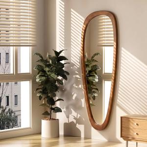 EOGOW Asymmetrical Mirror,60" x 22" Unique Irregular Mirror Wall-Mounted Decor for Living Room Bathroom Bedroom Vanity Entryway Hallway(Natural Wooden)