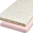 Baby Bassinet Sheets Girls, Cotton Bassinet Sheets Rectangle, 2 pc Bassinet Mattress Sheets, 32"x16" Compatible with Baby Delight Beside Me Dreamer Bassinet, Bedside Bassinet Sheet (Floral + Pink)